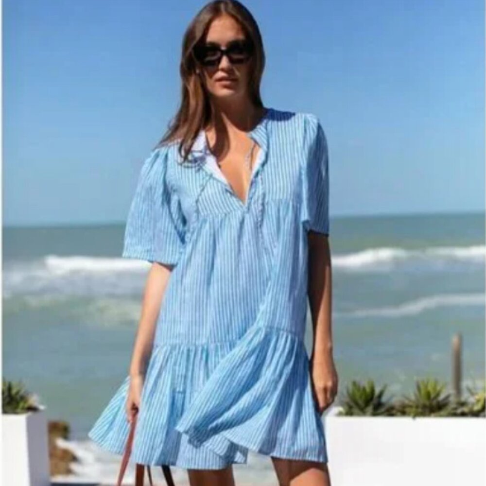 Emerson Fry India Collection Isla Dress Sunday Stripe Blue Striped Tiered Mini